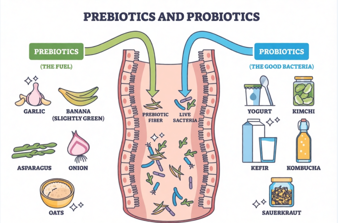 A diagram showing the different types of prebiotic and probiotic foods that also serves as natural prebiotic and probiotic supplement to feed gut bacteria.