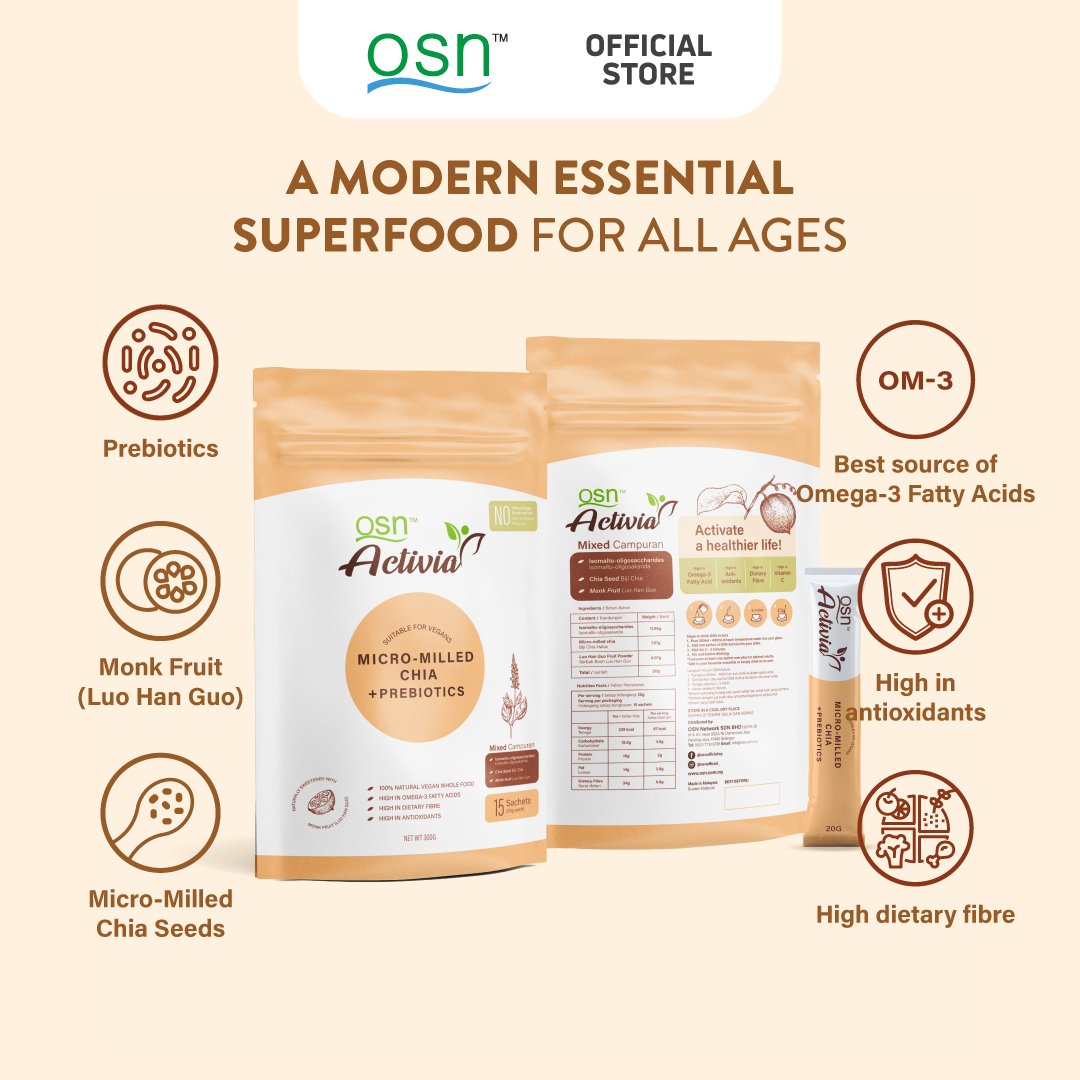 OSN Activia modern superfood with micro-milled chia, prebiotics, and monk fruit for all ages – rich in fiber, omega-3, and antioxidants